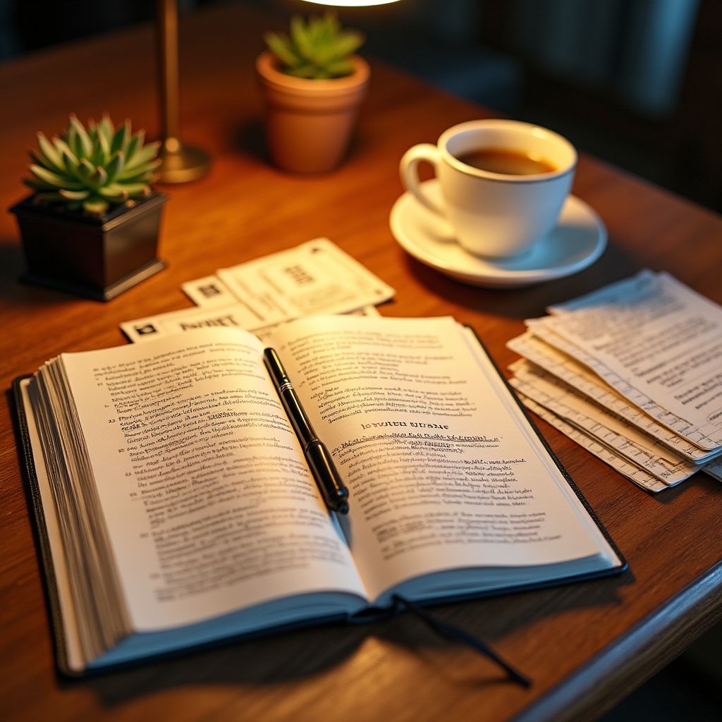 Organized course materials and scenario cards spread on a warm wooden desk