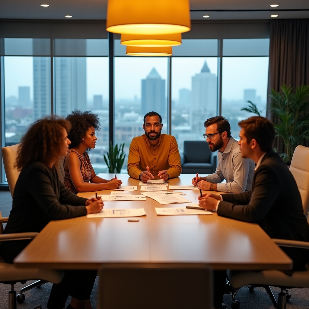 Small group of professionals in a workshop setting, engaged in discussion around a scenario exercise