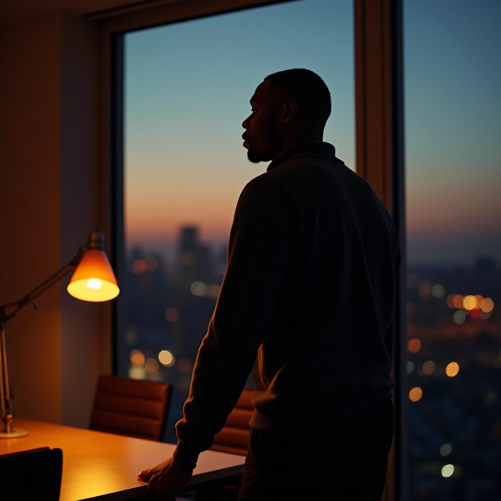 Thoughtful professional looking out office window, contemplating leadership challenges