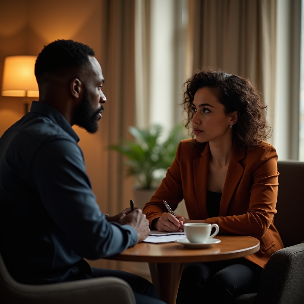 Manager and team member in a focused one-on-one conversation at a small table